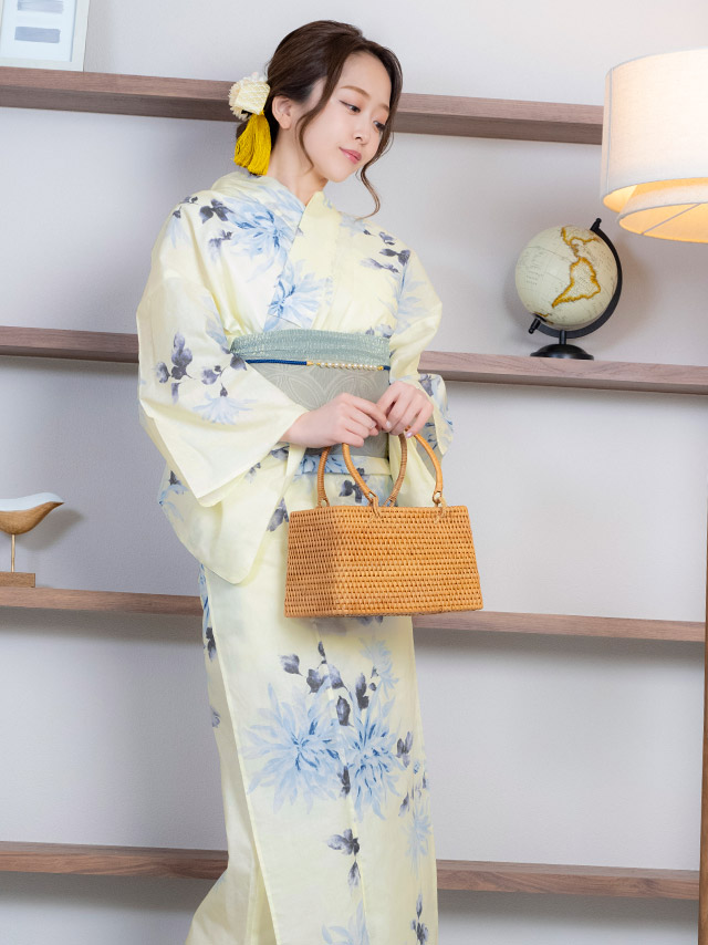 クリーム地 ブルー 水彩 菊 レトロ ゆかた3点SETのイメージ画像3
