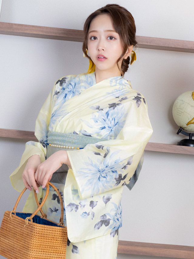 クリーム地 ブルー 水彩 菊 レトロ ゆかた3点SETのイメージ画像4
