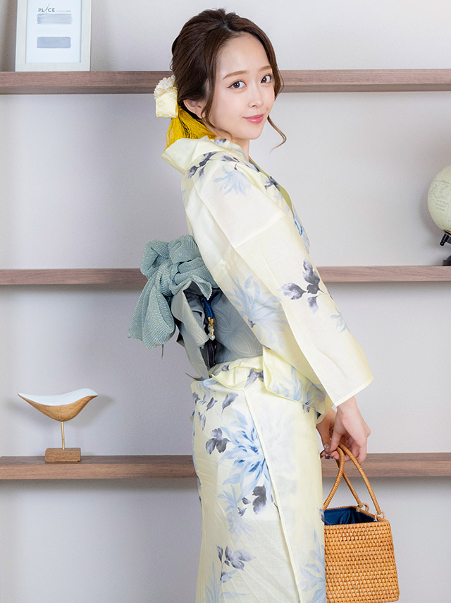 クリーム地 ブルー 水彩 菊 レトロ ゆかた3点SETのイメージ画像5