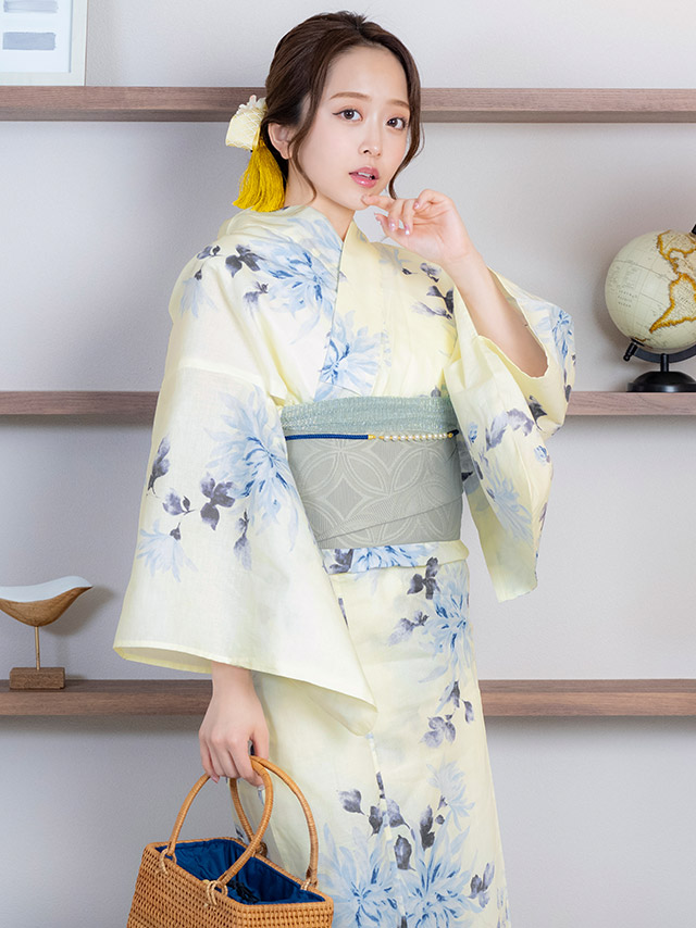 クリーム地 ブルー 水彩 菊 レトロ ゆかた3点SETのイメージ画像5