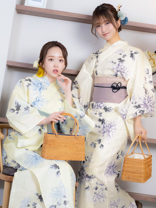 クリーム地 ブルー 水彩 菊 レトロ ゆかた3点SETのイメージ画像5