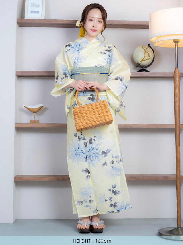 クリーム地 ブルー 水彩 菊 レトロ ゆかた3点SETのイメージ画像6