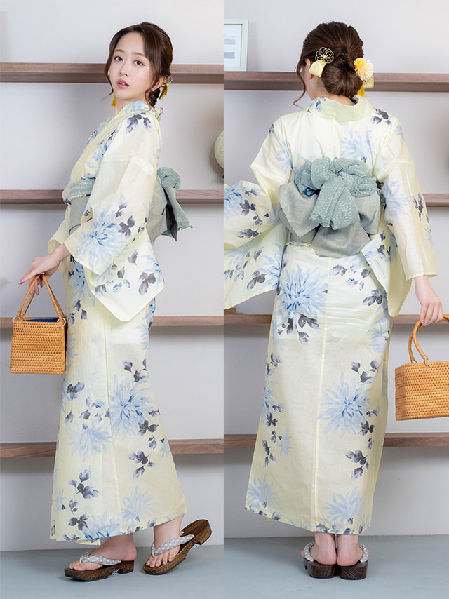 クリーム地 ブルー 水彩 菊 レトロ ゆかた3点SETのイメージ画像7