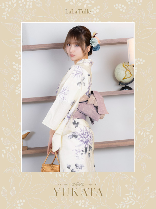 クリーム地 紫 水彩 菊 レトロ ゆかた3点SETのイメージ画像2
