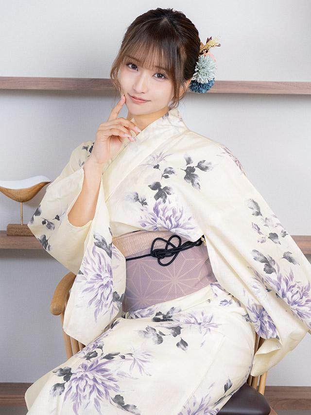 クリーム地 紫 水彩 菊 レトロ ゆかた3点SETのイメージ画像3