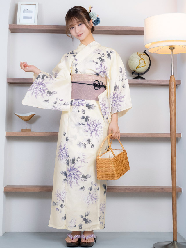 クリーム地 紫 水彩 菊 レトロ ゆかた3点SETのイメージ画像4