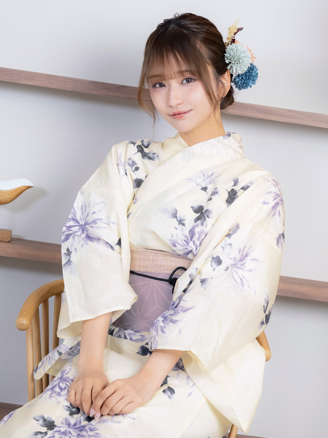 クリーム地 紫 水彩 菊 レトロ ゆかた3点SETのイメージ画像5