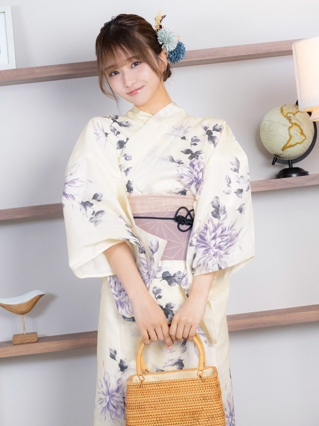 クリーム地 紫 水彩 菊 レトロ ゆかた3点SETのイメージ画像5