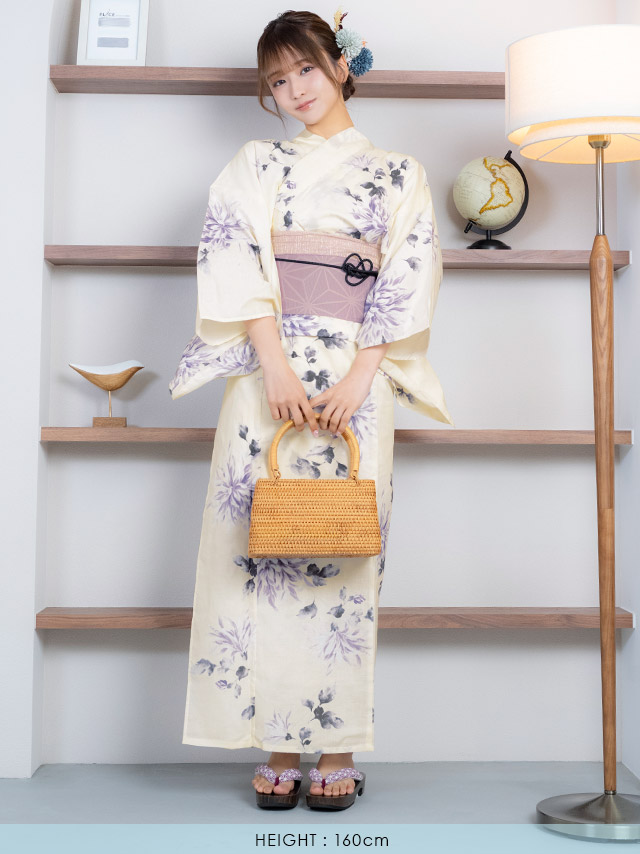 クリーム地 紫 水彩 菊 レトロ ゆかた3点SETのイメージ画像6