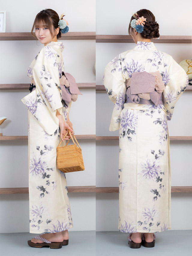 クリーム地 紫 水彩 菊 レトロ ゆかた3点SETのイメージ画像7