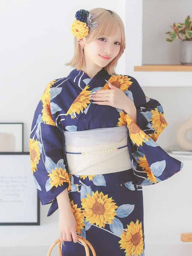 浴衣 レトロ 紺地 ひまわり 流水柄 ガーリー ゆかた2点SET のイメージ画像5