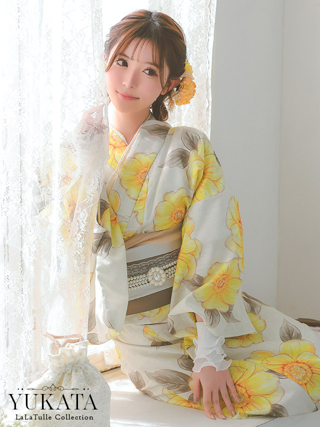 浴衣 ベージュ ポピー柄 ガーリー ゆかた3点SET のイメージ画像1