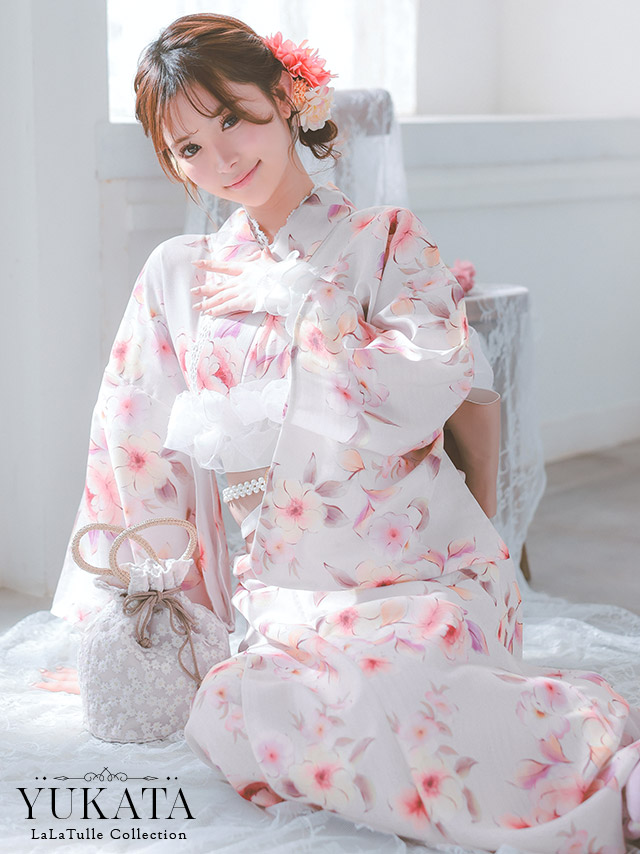 浴衣 ピンク色 花柄 ガーリー ニュアンス ゆかた3点SET のイメージ画像1