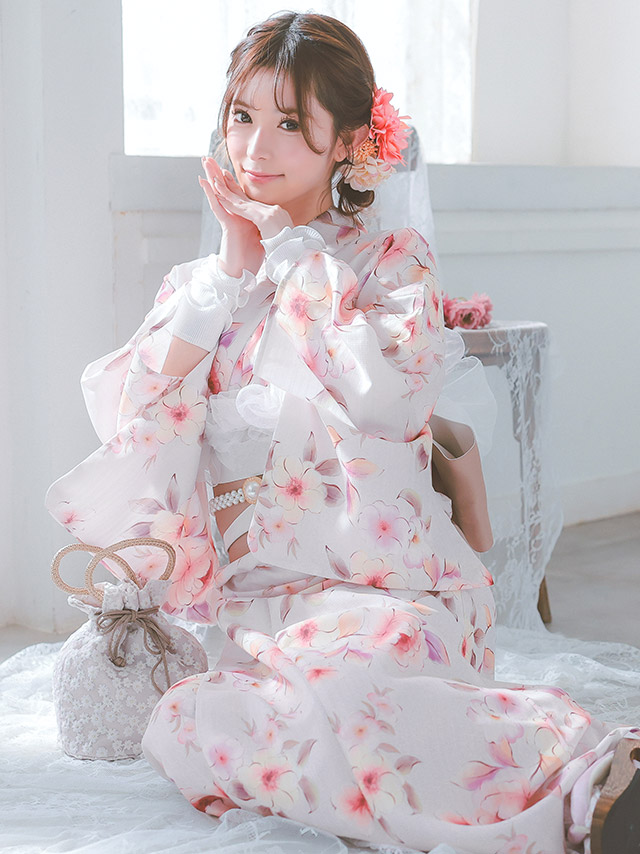 浴衣 ピンク色 花柄 ガーリー ニュアンス ゆかた3点SET のイメージ画像3