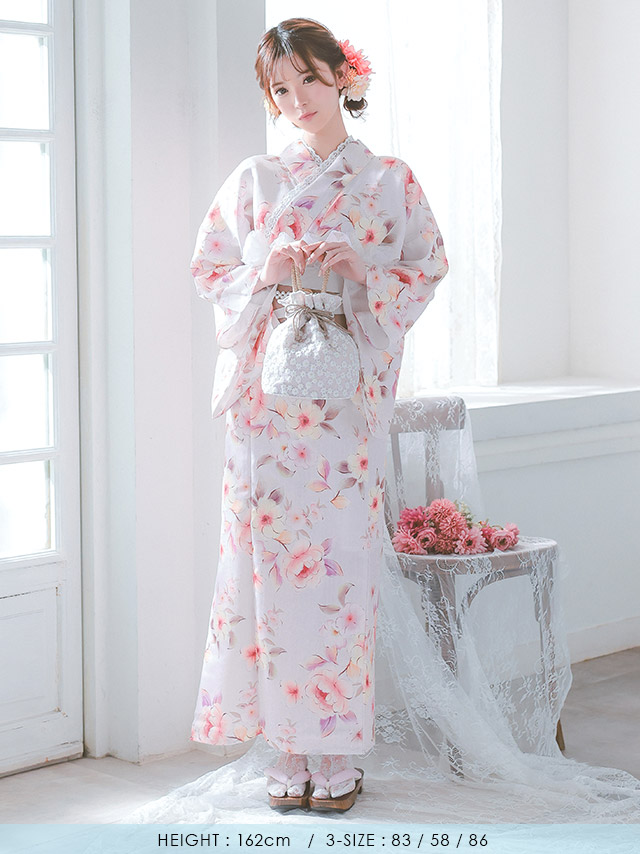 浴衣 ピンク色 花柄 ガーリー ニュアンス ゆかた3点SET のイメージ画像7
