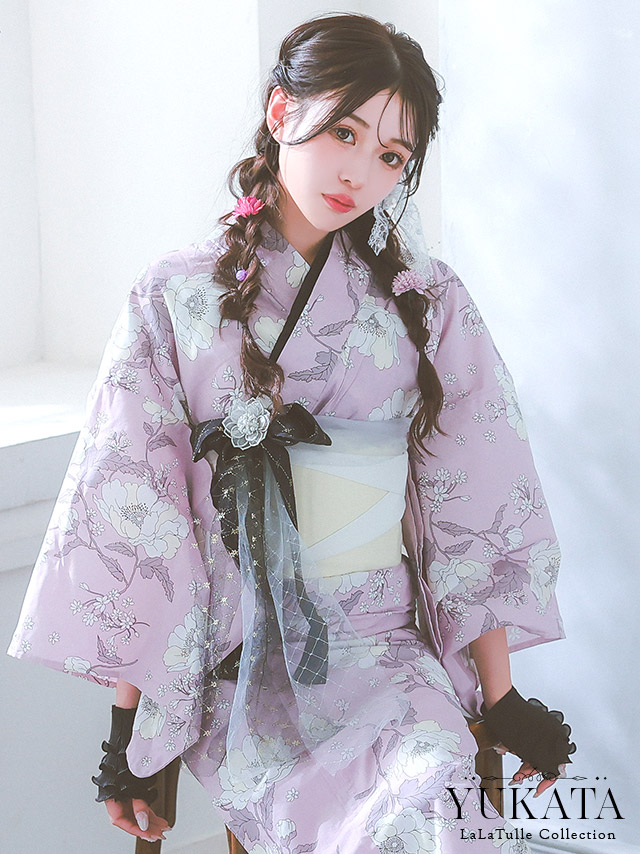 浴衣 ピンク色 線画花柄 ガーリー ゆかた3点SET