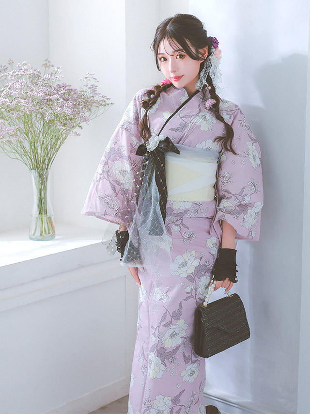 浴衣 ピンク色 線画花柄 ガーリー ゆかた3点SET