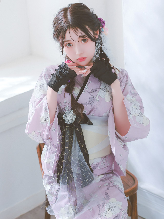 浴衣 ピンク色 線画花柄 ガーリー ゆかた3点SET