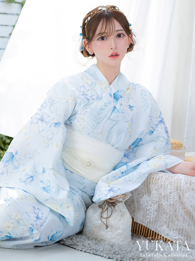 水色地 百合の花 ゆかた3点SET [浴衣+兵児帯+下駄]