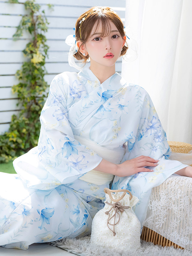 水色地 百合の花 ゆかた3点SET [浴衣+兵児帯+下駄]