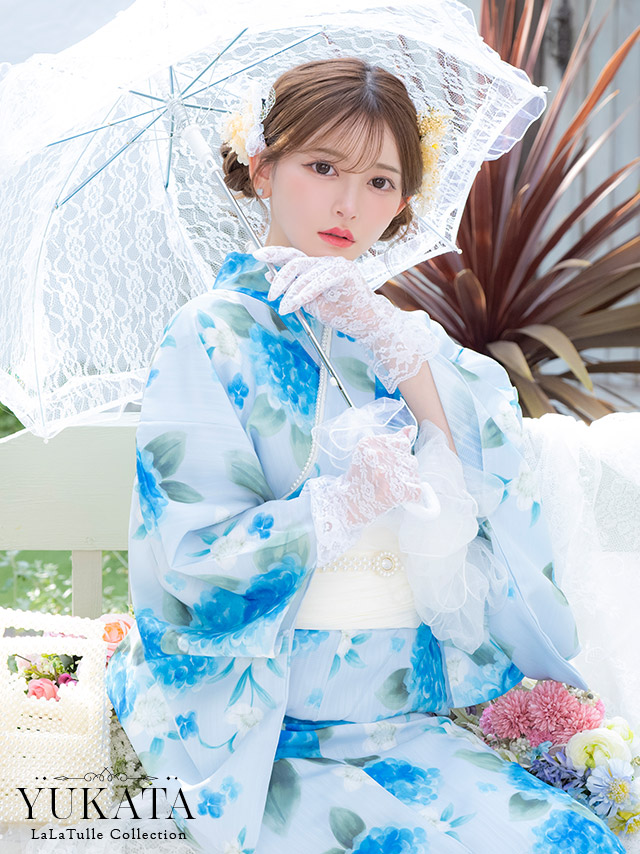 浴衣 水色地 水彩 紫陽花柄 菖蒲柄 ガーリー ゆかた3点SETのイメージ画像1