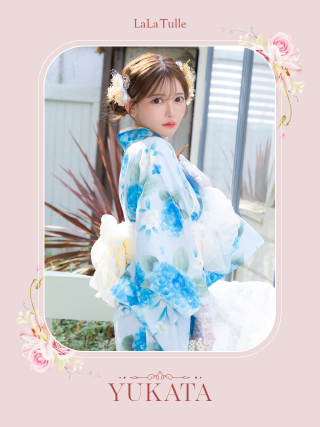 浴衣 水色地 水彩 紫陽花柄 菖蒲柄 ガーリー ゆかた3点SETのイメージ画像2