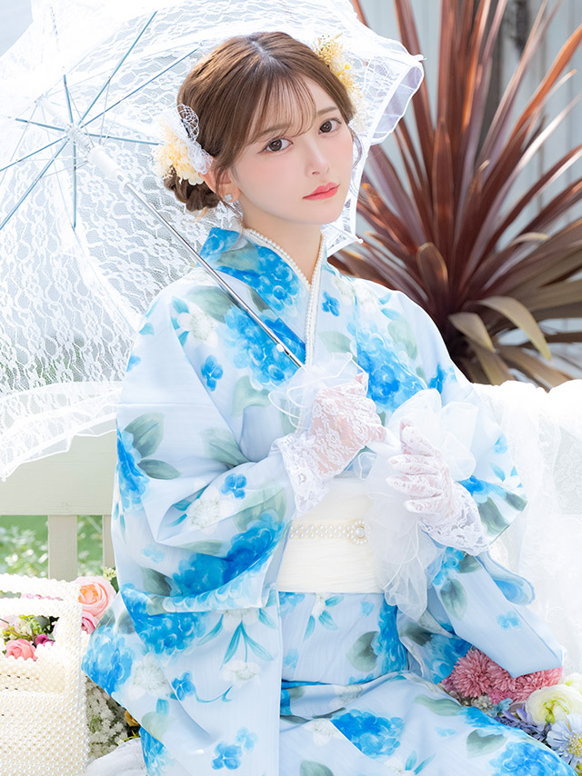 浴衣 水色地 水彩 紫陽花柄 菖蒲柄 ガーリー ゆかた3点SETのイメージ画像4