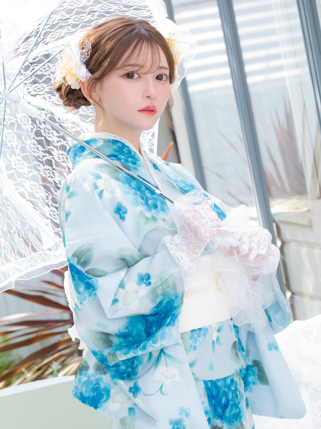 浴衣 水色地 水彩 紫陽花柄 菖蒲柄 ガーリー ゆかた3点SETのイメージ画像5