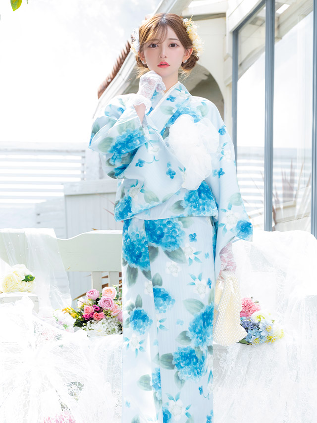 浴衣 水色地 水彩 紫陽花柄 菖蒲柄 ガーリー ゆかた3点SETのイメージ画像3