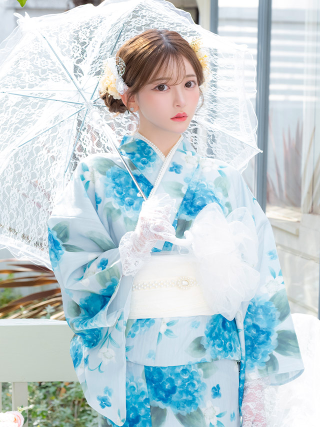 浴衣 水色地 水彩 紫陽花柄 菖蒲柄 ガーリー ゆかた3点SETのイメージ画像6
