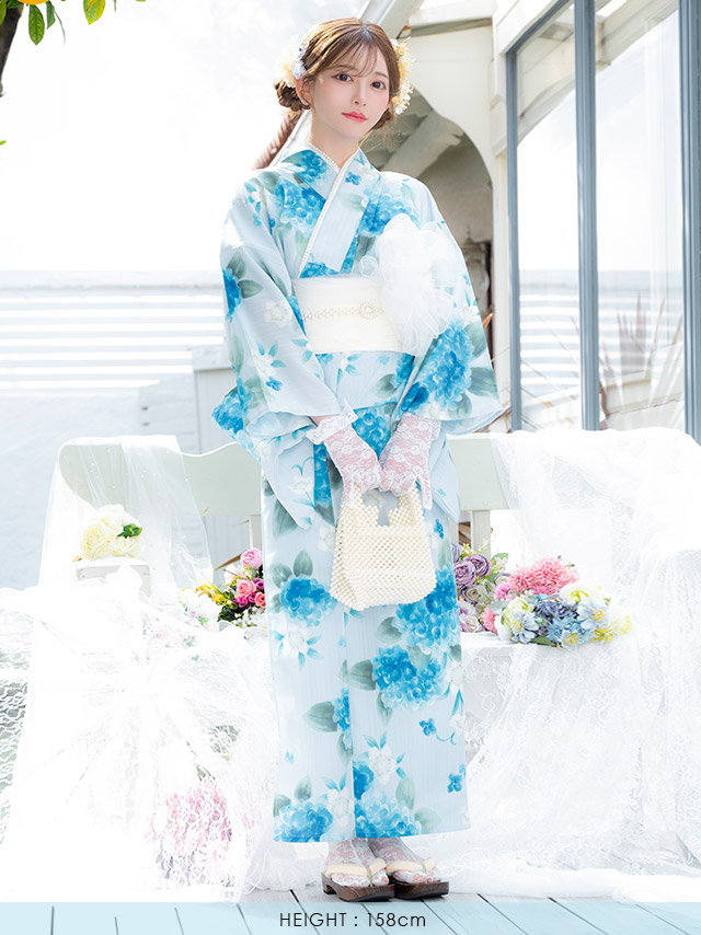 浴衣 水色地 水彩 紫陽花柄 菖蒲柄 ガーリー ゆかた3点SETのイメージ画像8