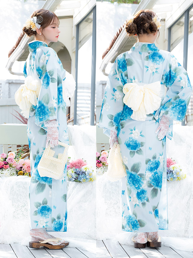 浴衣 水色地 水彩 紫陽花柄 菖蒲柄 ガーリー ゆかた3点SETのイメージ画像9