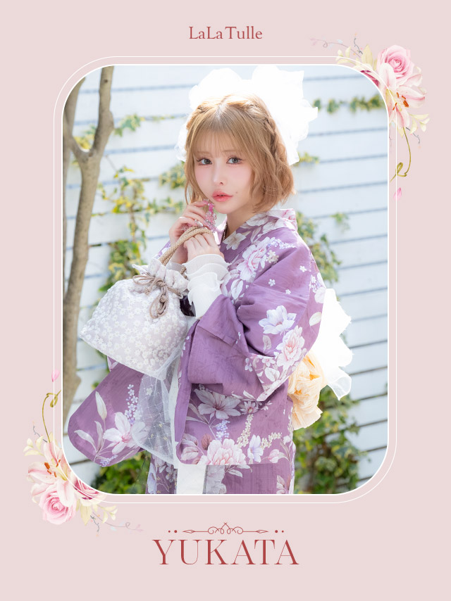 浴衣 ラズベリー地 アンティーク調 フラワー ガーリー ゆかた3点SETのイメージ画像2