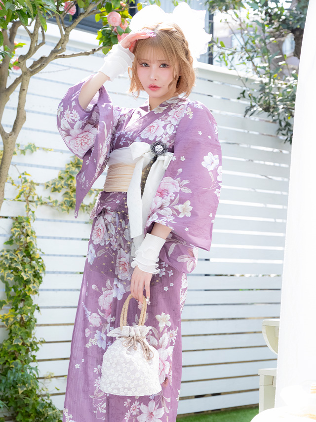 浴衣 ラズベリー地 アンティーク調 フラワー ガーリー ゆかた3点SETのイメージ画像3