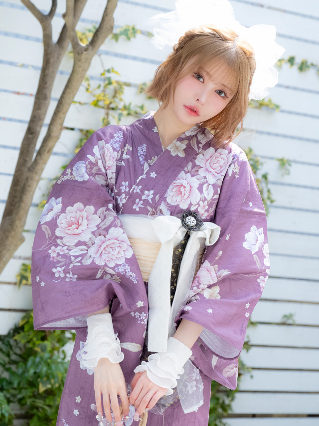 浴衣 ラズベリー地 アンティーク調 フラワー ガーリー ゆかた3点SETのイメージ画像5