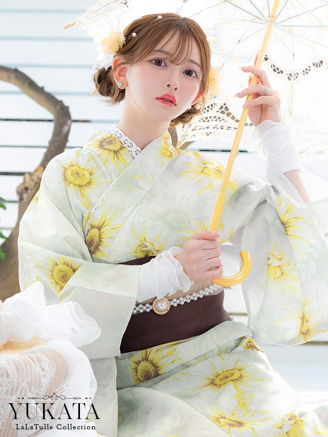 浴衣 白地 水彩 ひまわり柄 ガーリー ゆかた3点SETのイメージ画像1