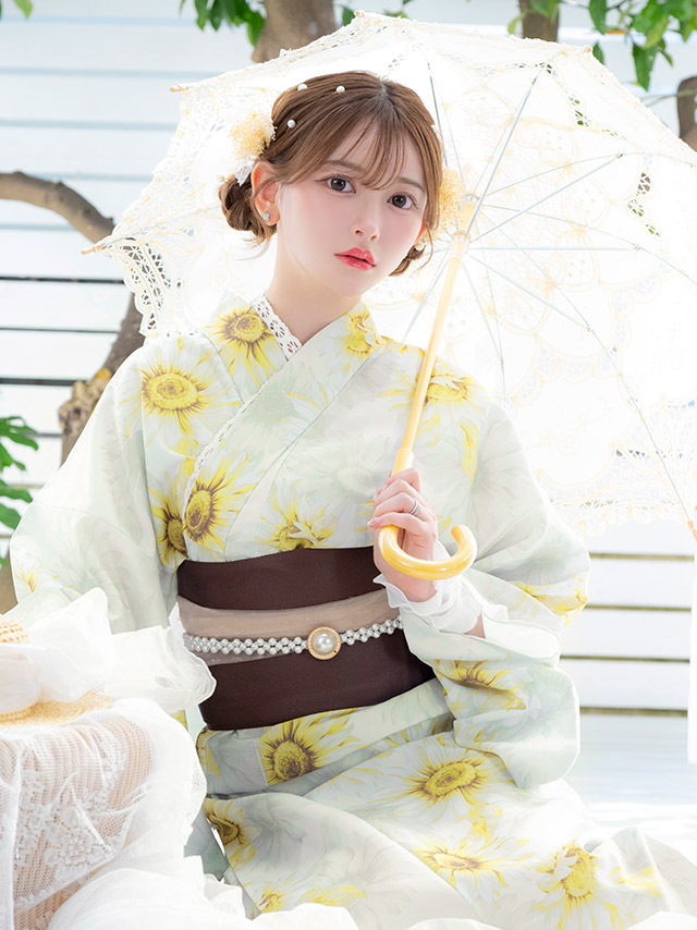 浴衣 白地 水彩 ひまわり柄 ガーリー ゆかた3点SETのイメージ画像4