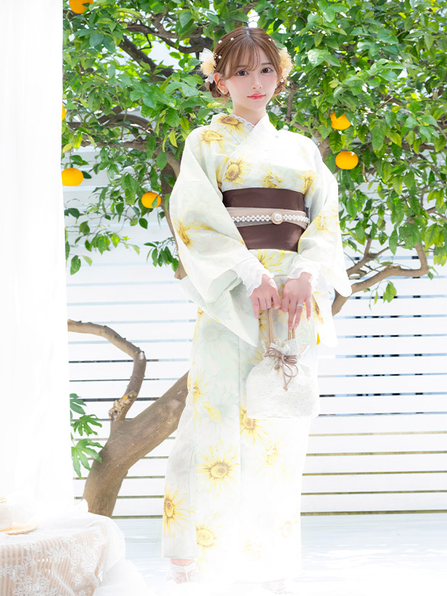 浴衣 白地 水彩 ひまわり柄 ガーリー ゆかた3点SETのイメージ画像3