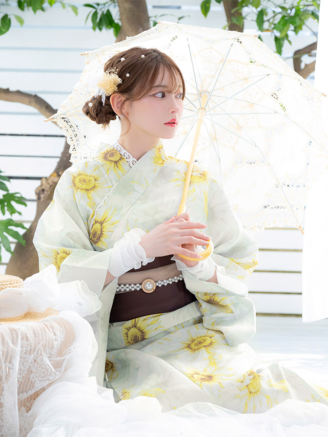 浴衣 白地 水彩 ひまわり柄 ガーリー ゆかた3点SETのイメージ画像6