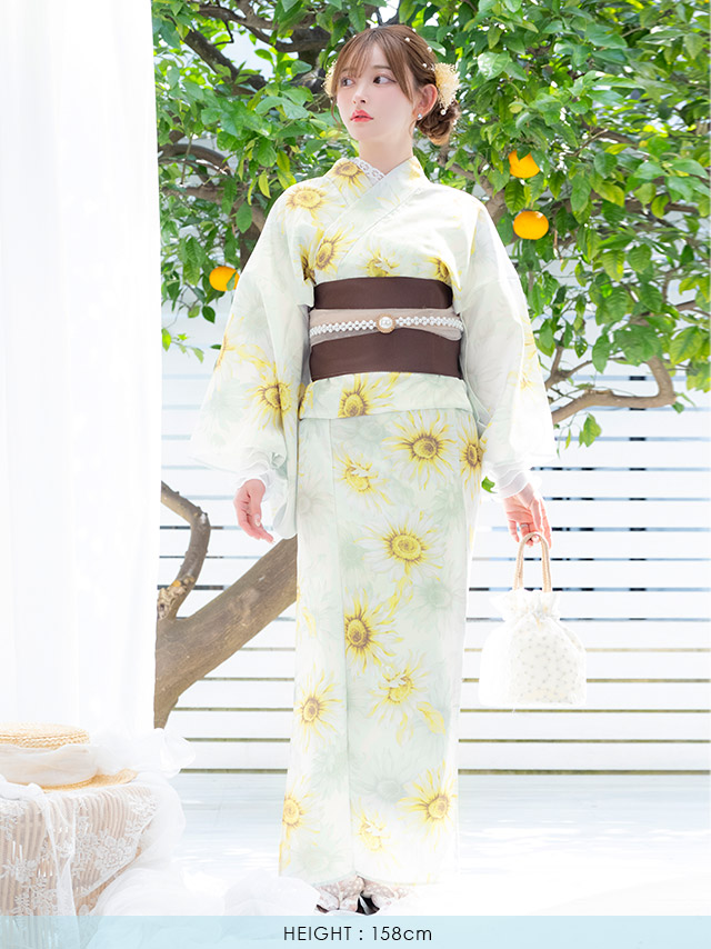 浴衣 白地 水彩 ひまわり柄 ガーリー ゆかた3点SETのイメージ画像7