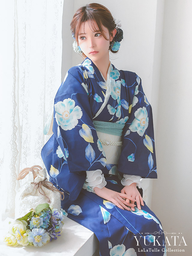 浴衣 青地 シャクナゲ ガーリー ゆかた3点SET のイメージ画像1
