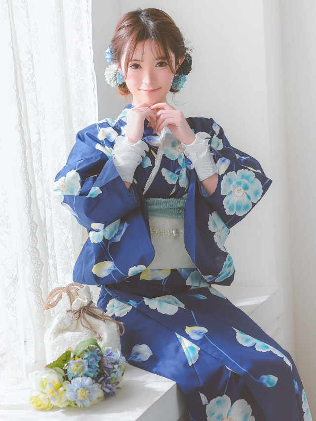 浴衣 青地 シャクナゲ ガーリー ゆかた3点SET のイメージ画像4
