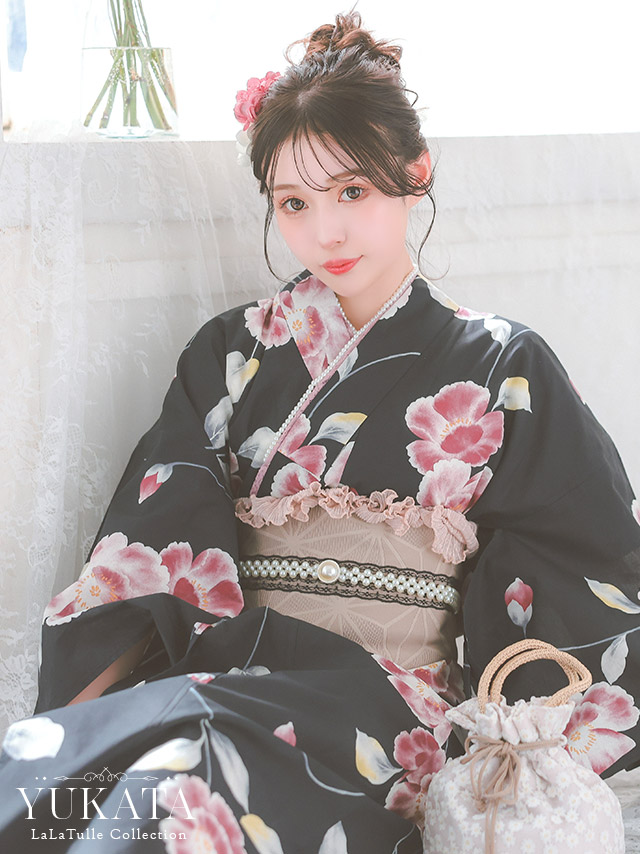 浴衣 黒地 シャクナゲ ガーリー ピンク ゆかた3点SET のイメージ画像1