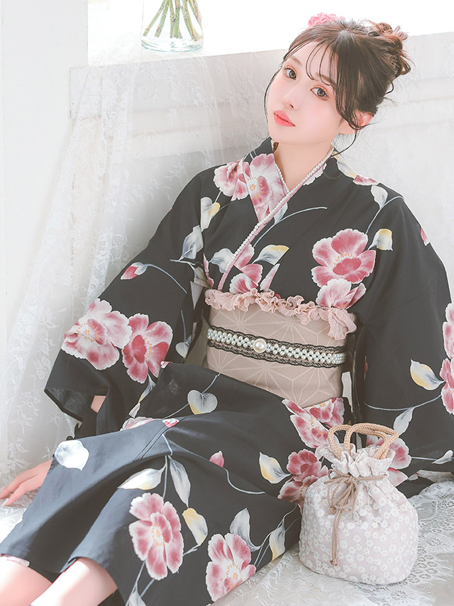 浴衣 黒地 シャクナゲ ガーリー ピンク ゆかた3点SET のイメージ画像3