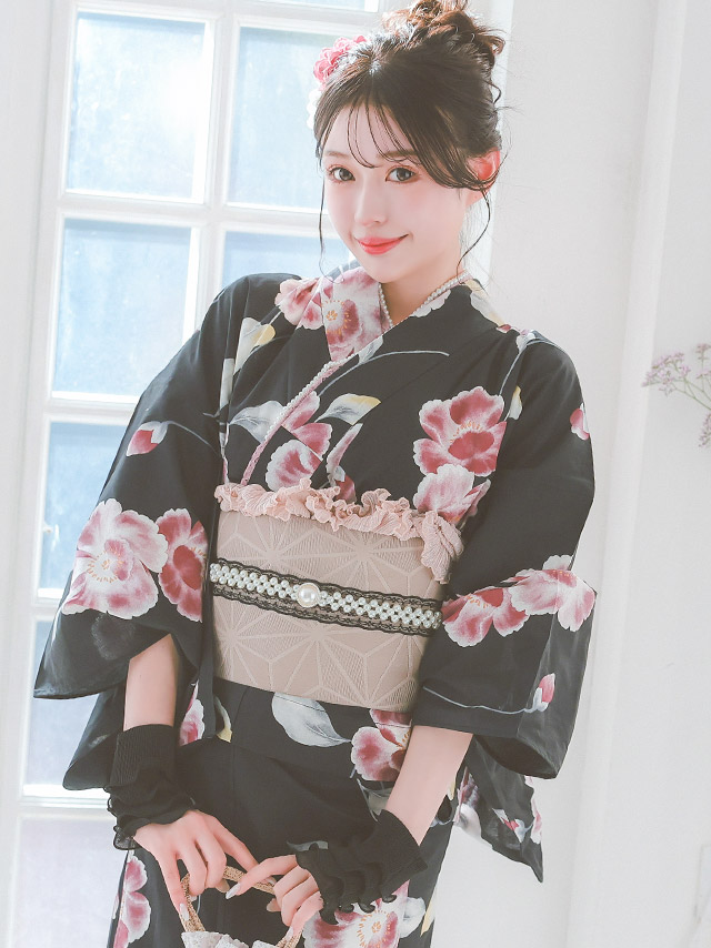 浴衣 黒地 シャクナゲ ガーリー ピンク ゆかた3点SET のイメージ画像6