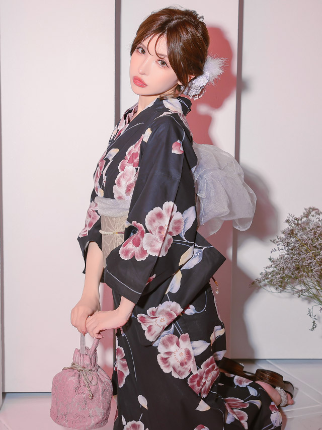 浴衣 黒地 シャクナゲ ガーリー ピンク ゆかた3点SET のイメージ画像3