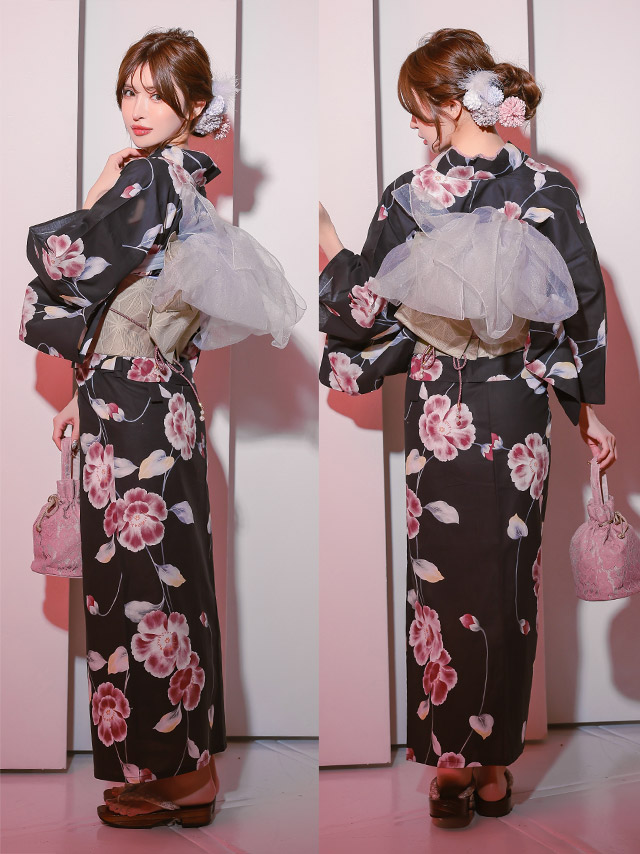 浴衣 黒地 シャクナゲ ガーリー ピンク ゆかた3点SET のイメージ画像8