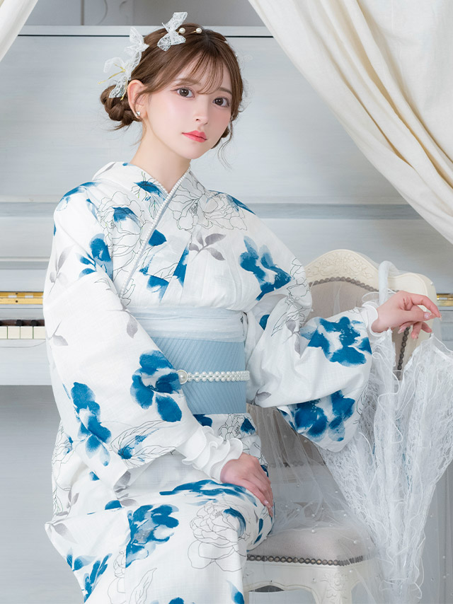 浴衣 白地 線画 水彩 くすみ ガーリー ゆかた2点SETのイメージ画像6