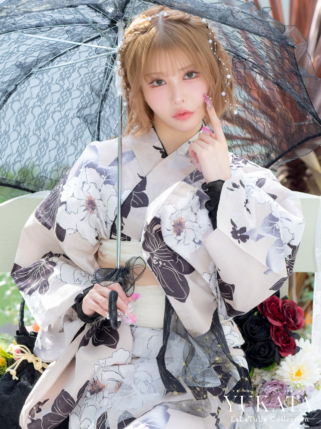 浴衣 ベージュ地 牡丹柄 ガーリー ゆかた2点SET のイメージ画像1