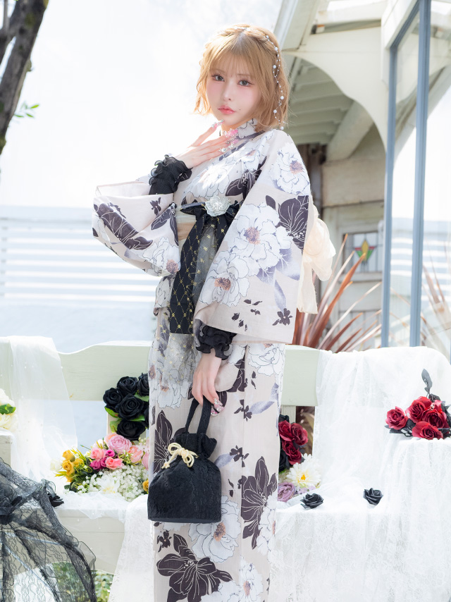 浴衣 ベージュ地 牡丹柄 ガーリー ゆかた2点SET のイメージ画像3